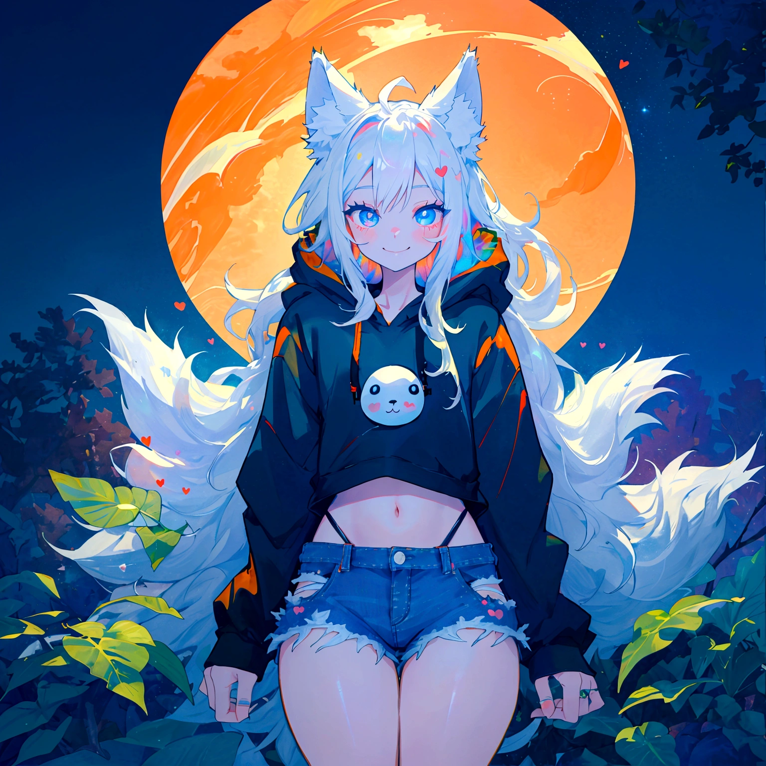 a cute adult male with wolf ears, long white hair, long locks, has a wolf tail, wearing a loose cropped black hoodie, wearing a pair of denim short shorts and fishnet stockings, thick thighs, wide hips, short, very slim, showing slender tummy, heart on hoodie, squishy thighs, has glowing blue eyes. alone, solo (ALONE)(SOLO), surrounded by rainbows, colorful galaxy backround, smiling, ontop of a pile of fluffy plushes, plushies everywhere, kawaii plushies, surrounded by bubbles, surrounded by rainbow leaves
