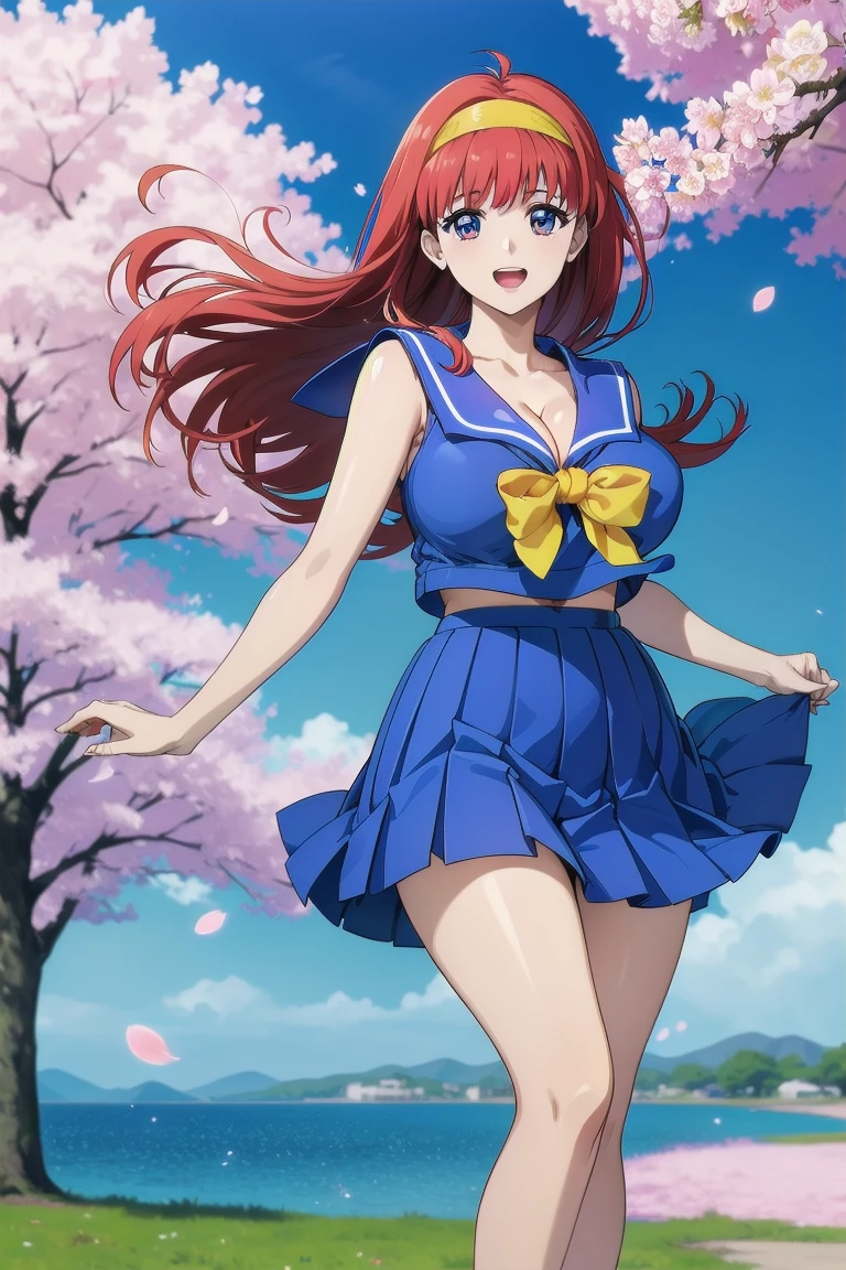 (Very exquisite beautiful face and eyes:1.2),(Laugh together),((Large Breasts))、Skirt fluttering in the wind、Fresh Skin、Beautiful feet,Sailor suit、,Redhead、Yellow headband、cherry blossoms、(((Cleavage、Areola、)))
(Highest quality,masterpiece:1.2),1 Girl,Observe the audience,
Natural light,Hair blowing in the wind,Beautifully detailed skies,