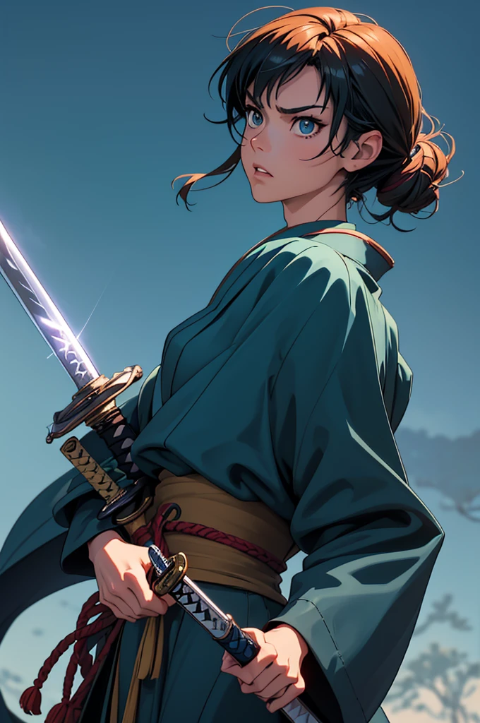 Highest quality, masterpiece, High resolution, alone, （Glaring Eyes），（Small breastansuji，Pussy，Completely naked，roar，((Dentitions)) ， (Japanese sword)，Iron Sword，thrust，Evening sky_background，Young Girl，Anime Style, Highest quality, 4K, masterpiece,， alone, 1,whole body，looking at the camera, Shinkai Makoto style, （dark blue_coat）Sharp Eyes，Low posture，（Full Finger）, （Accurate fingertips）, （The finer details）, （Anatomically correct）, (映画のbackground), Hyper Detail, (Subtle details), (Intricate details),