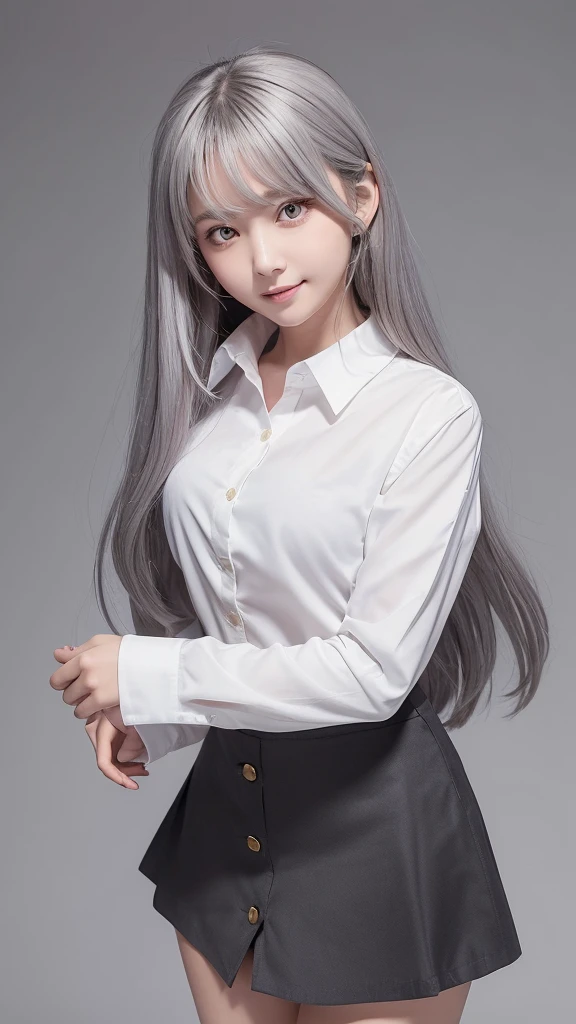 ((masterpiece, Highest quality)), (One girl), (alone), (Focus on women), (Ahoge, Gray Hair, Very long hair), Golden Eyes, A light smile, Open your mouth, ((White shirt), (Buttoned shirt), (Button gap)), ((Black Skirt), (Short skirt)), Are standing, White Background, Put your arms behind your back, Dynamic Angle,