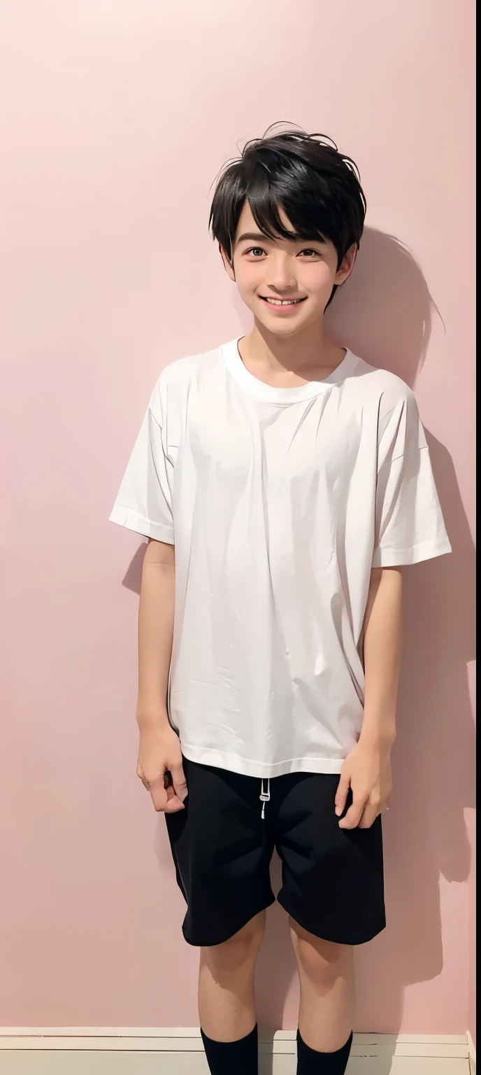 ((The cutest high school boy in Japan))、((Short height))、((Timid, worried brow))、((Wearing a white T-shirt))、((Simple pink wall background))、((Black hair mash))、((Full body photo))、((With an embarrassed smile))