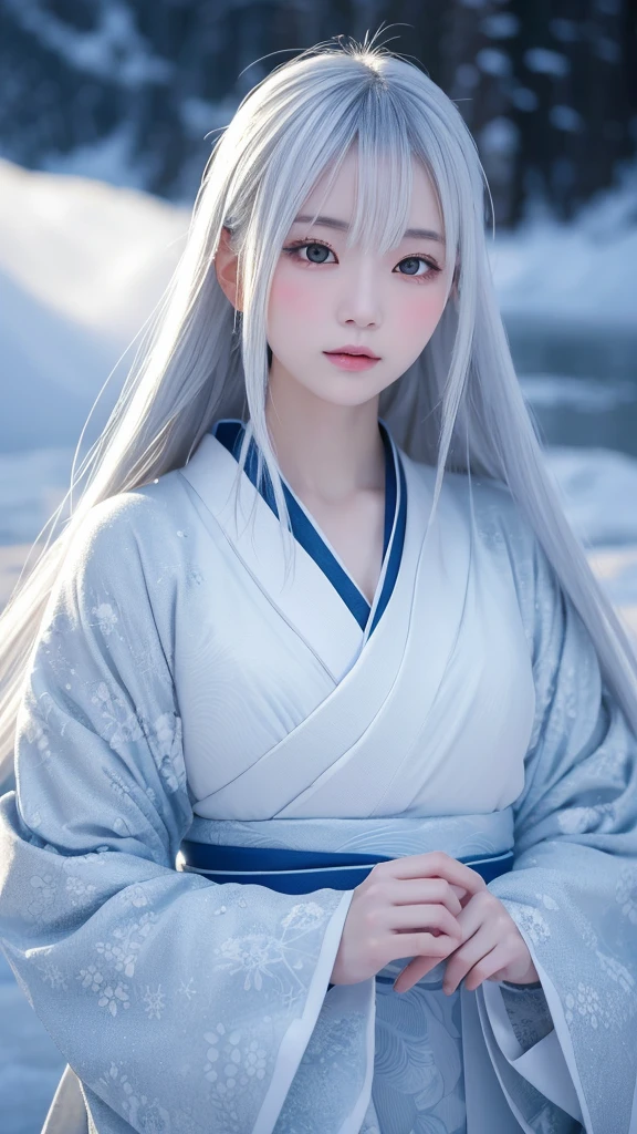 A fantastic and fascinating illustration of Yuki-onna, Characters from Japanese folk tales, Set against the backdrop of a snowstorm and swirling snowy mountains. She has been a long time, Her silver and white hair gleams in the icy environment., Make up for her paleness, Almost white and transparent skin. Her eyes are deep and seductive, Reflecting the cold beauty of her surroundings. She is wearing a traditional Japanese kimono, white with subtle blue patterns.。, Blending into the snowy scenery. The Yuki-onna&#39;s pose is elegant and mysterious., Embodying the thrilling charm of the snow spirit. The overall atmosphere of the illustration is mysterious and beautiful., Capturing the essence of this legendary figure in the middle of a snowstorm,