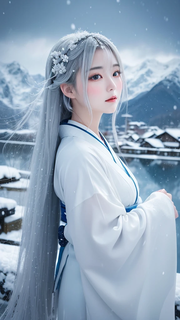 A fantastic and fascinating illustration of Yuki-onna, Characters from Japanese folk tales, Set against the backdrop of a snowstorm and swirling snowy mountains. She has been a long time, Her silver and white hair gleams in the icy environment., Make up for her paleness, Almost white and transparent skin. Her eyes are deep and seductive, Reflecting the cold beauty of her surroundings. She is wearing a traditional Japanese kimono, white with subtle blue patterns.。, Blending into the snowy scenery. The Yuki-onna's pose is elegant and mysterious., Embodying the thrilling charm of the snow spirit. The overall atmosphere of the illustration is mysterious and beautiful., Capturing the essence of this legendary figure in the middle of a snowstorm,