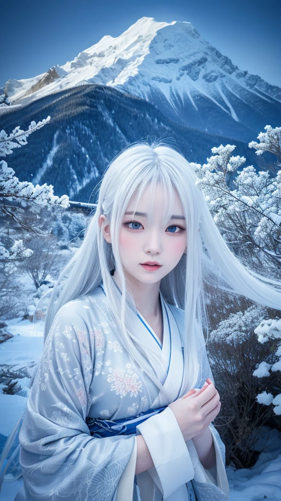 A fantastic and fascinating illustration of Yuki-onna, Characters from Japanese folk tales, Set against the backdrop of a snowstorm and swirling snowy mountains. She has been a long time, Her silver and white hair gleams in the icy environment., Make up for her paleness, Almost white and transparent skin. Her eyes are deep and seductive, Reflecting the cold beauty of her surroundings. She is wearing a traditional Japanese kimono, white with subtle blue patterns.。, Blending into the snowy scenery. The Yuki-onna&#39;s pose is elegant and mysterious., Embodying the thrilling charm of the snow spirit. The overall atmosphere of the illustration is mysterious and beautiful., Capturing the essence of this legendary figure in the middle of a snowstorm,