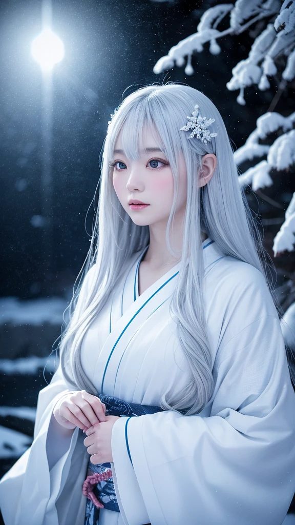 A fantastic and fascinating illustration of Yuki-onna, Characters from Japanese folk tales, Set against the backdrop of a snowstorm and swirling snowy mountains. She has been a long time, Her silver and white hair gleams in the icy environment., Make up for her paleness, Almost white and transparent skin. Her eyes are deep and seductive, Reflecting the cold beauty of her surroundings. She is wearing a traditional Japanese kimono, white with subtle blue patterns.。, Blending into the snowy scenery. The Yuki-onna's pose is elegant and mysterious., Embodying the thrilling charm of the snow spirit. The overall atmosphere of the illustration is mysterious and beautiful., Capturing the essence of this legendary figure in the middle of a snowstorm,