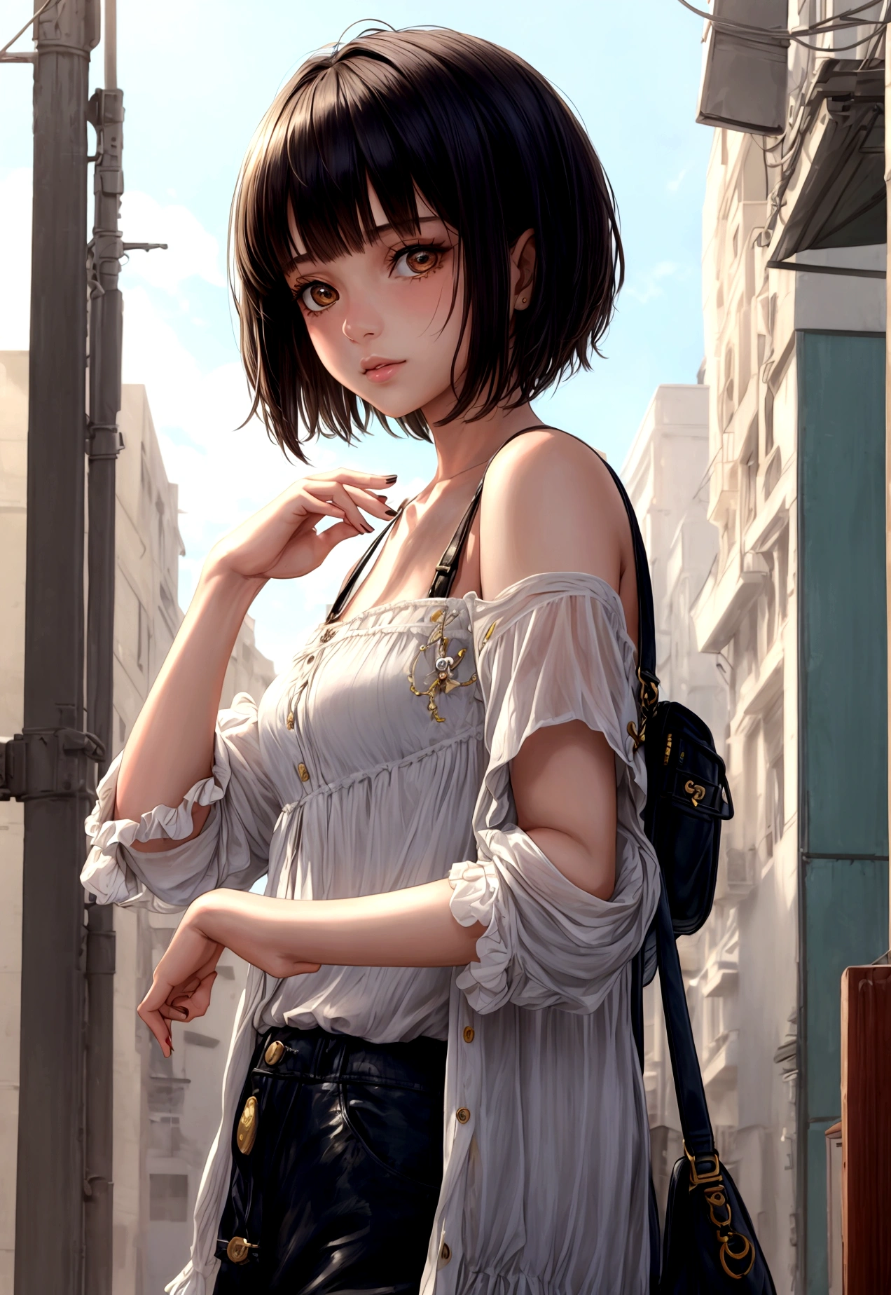 cinematic realistic portrait of a young girl, adolescent, caucasiana, fly away, casual modern clothing, alternative style, dolce, nice, Beautiful woman, short hair with bangs, honey eyes