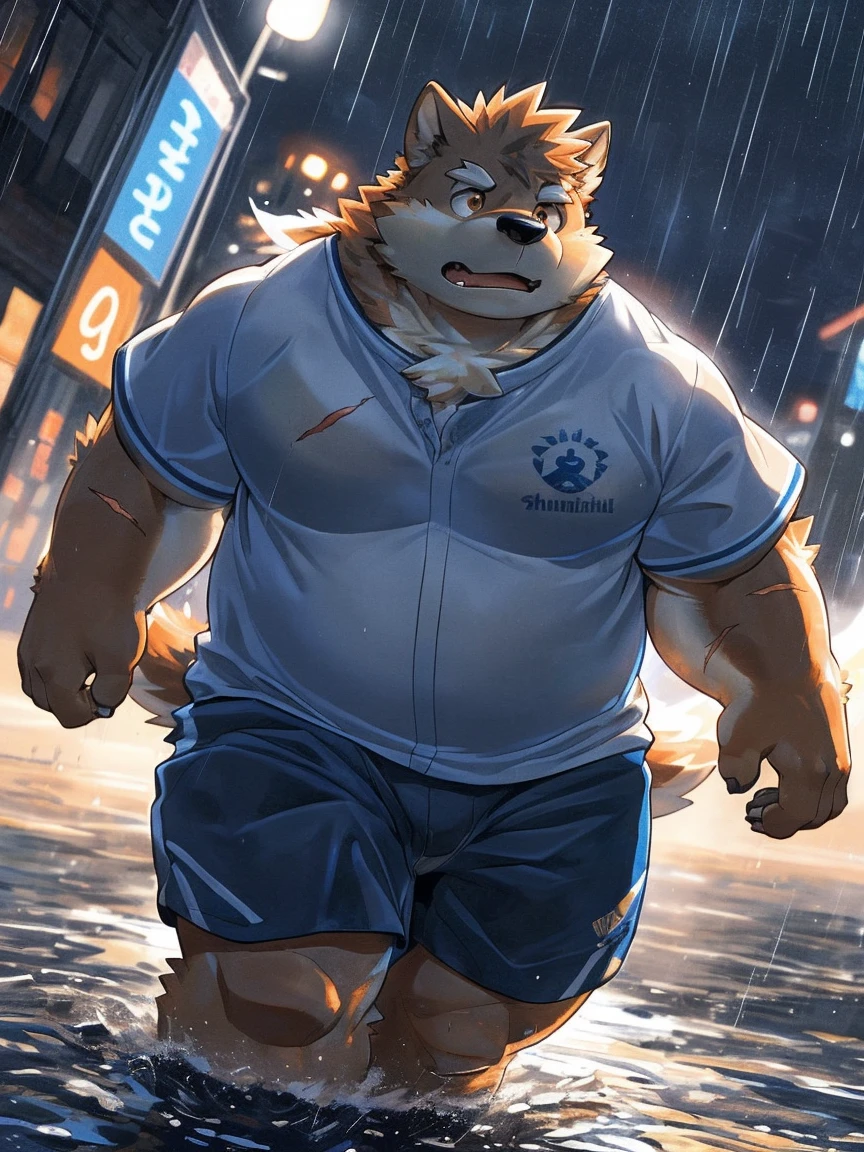 human nature, Wildlife, male,18 years old， solitary, ((Round Face, The face is plump,Orange eyes,Thick orange hair，With scars)), ((Endomorph, Handsome，Hot Blood)), (Sportswear，Light blue and white coat，Wear a sports cap), ((domestic 犬, Dog Orc，) Fluffy fur, Fluffy), Bokeh, (high quality, high resolution, masterpiece), (Dynamic Lighting, Vibrant colors，Natural fill light), (Revitalize，harm，Disdain，aggressive), Full body picture (close up), cartoon, author：Takemoto Arashi, From zixiong, By Chunni, author：Empty Ghost，（background：Raining dead city）