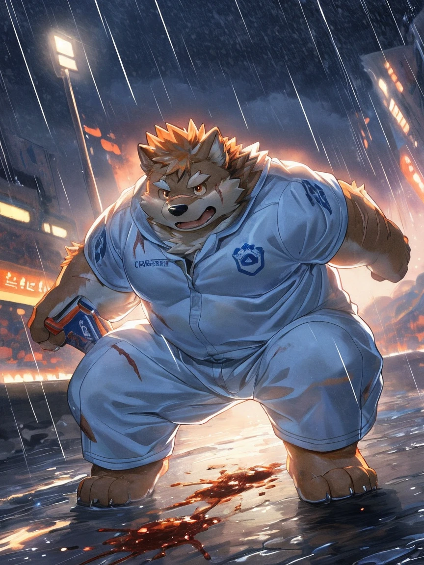 severed hand opening zip attached to  kneel polar bear dad skin , track suit no shirt , detailed white feet five toes  with white  sock,  profile, evil smug blush sweating , kemono , high quality  , by rossciaco ( rear view) , covered in transparent slime