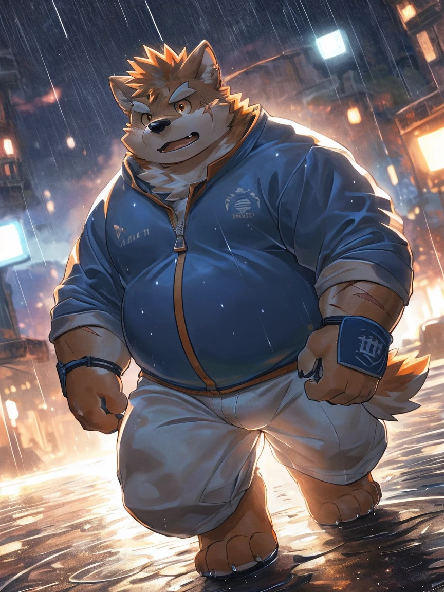 human nature, Wildlife, male,18 years old， solitary, ((Round Face, The face is plump,Orange eyes,Thick orange hair，With scars)), ((Endomorph, Handsome，Hot Blood)), (Sportswear，Light blue and white coat，Wear a sports cap), ((domestic 犬, Dog Orc，) Fluffy fur, Fluffy), Bokeh, (high quality, high resolution, masterpiece), (Dynamic Lighting, Vibrant colors，Natural fill light), (Revitalize，harm，Disdain，aggressive), Full body picture (close up), cartoon, author：Takemoto Arashi, From zixiong, By Chunni, author：Empty Ghost，（background：Raining dead city）