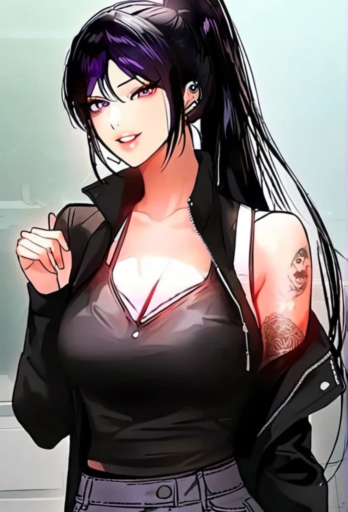 (best quality:1.4), (ultra highres:1.2), (8k, RAW photo:1.2), manhwa-artstyle, 1girl, solo, long hair, looking at viewer, smile, black hair, bare shoulders, purple eyes, upper body, white bra ,black jacket, leather pant,Perfect Hands, ponytail, lips piercing,ear piercing , tattoo,