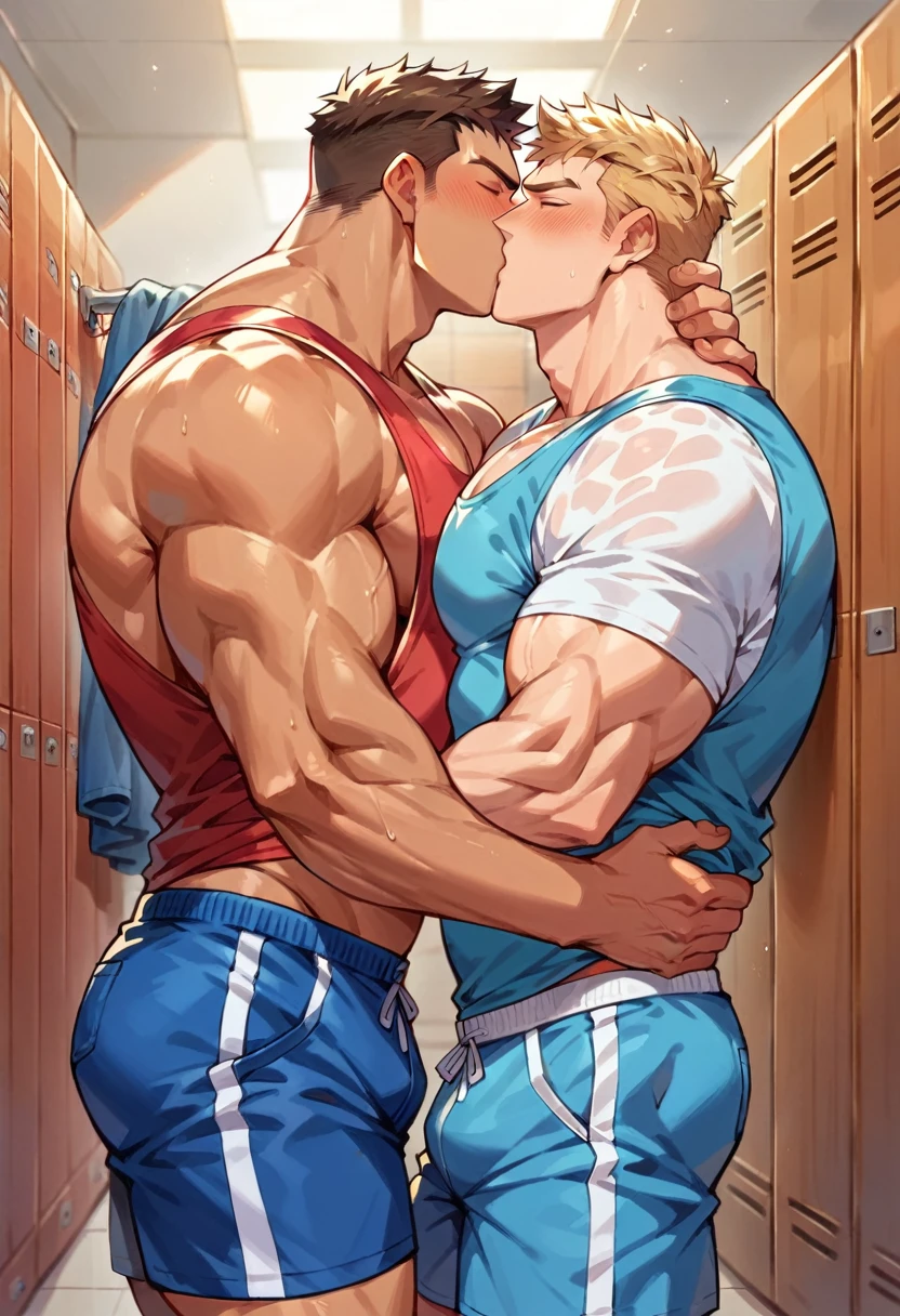 Handsome muscular shirtless  naked blonde man blushing, as a muscular handsome brown haired man wearing a red tank top and blue shorts kissing his neck, changing room background 