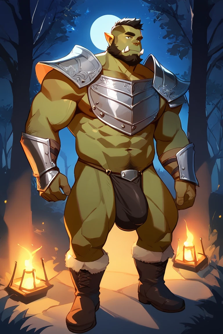 score_9, score_8_up, score_7_up, solo, male focus, mature male, orc, green skin, tusks, beard, outdoors, (micro armor) , base of penis , shoulder armor, breastplate, upper body, closed mouth, pauldrons, night, night sky, boots , shirtless , (black g-string) , full body , black boots , massive bulge , laying spread legs