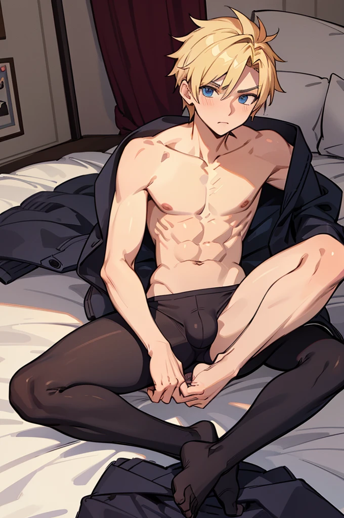 Create the design of a 16-year-old Caucasian blonde male character for a hentai manga, do it in underwear and without a shirt.