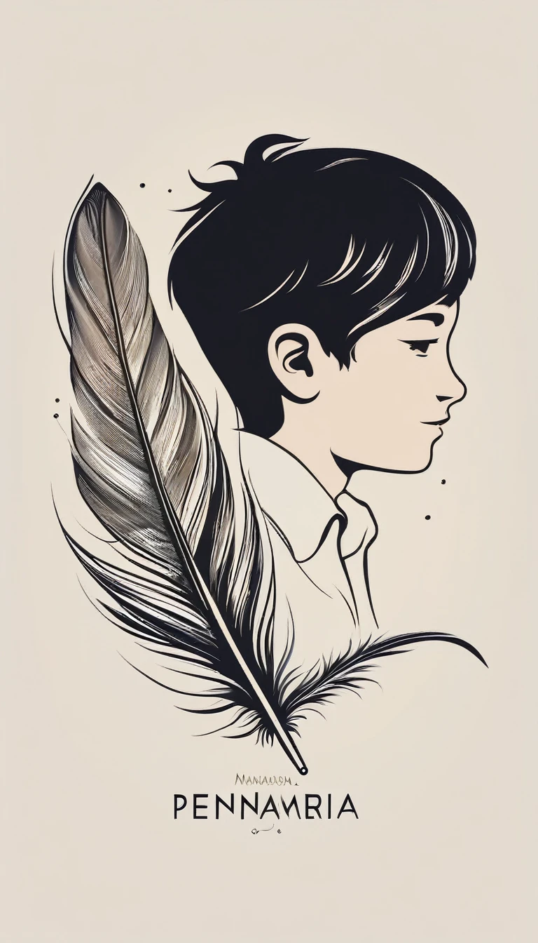 A minimalist, fantastic, poetic, dreamy, captivating, memorable, masterpiece, modern, simple logo design of a boy and a feather for the brand “Penamemoria". The logo must convey a sense of music, stories and dreams. Minimalistic logo design of a boy and a feather.