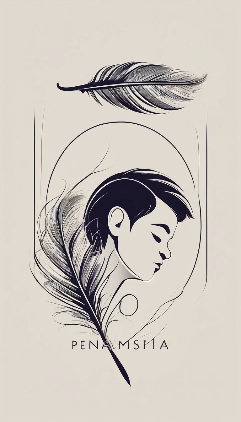 A minimalist, fantastic, poetic, dreamy, captivating, memorable, masterpiece, modern, simple logo design of a boy and a feather for the brand “Penamemoria". The logo must convey a sense of music, stories and dreams. Minimalistic logo design of a boy and a feather.