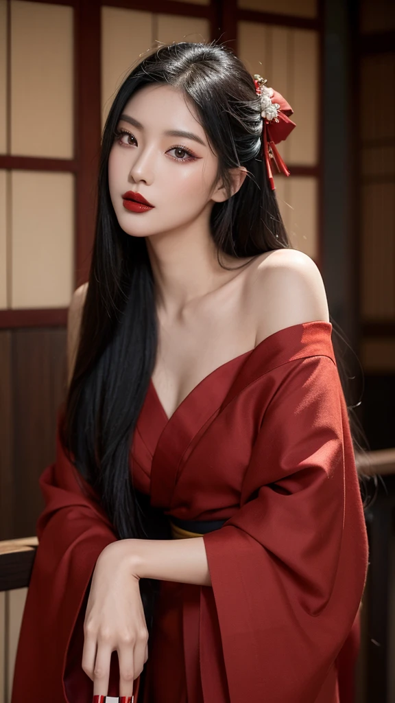 “A beautiful woman with long black hair and fair skin, wearing thin red eyeshadow. She exudes a captivating and alluring atmosphere, with rouge lipstick. She sticks out her tongue and licks a knife held in her hand. She is dressed in a traditional Japanese kimono, which is slightly open at the shoulders. The background is luxurious and magnificent.”