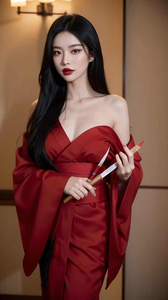 “A beautiful woman with long black hair and fair skin, wearing thin red eyeshadow. She exudes a captivating and alluring atmosphere, with rouge lipstick. She sticks out her tongue and licks a knife held in her hand. She is dressed in a traditional Japanese kimono, which is slightly open at the shoulders. The background is luxurious and magnificent.”