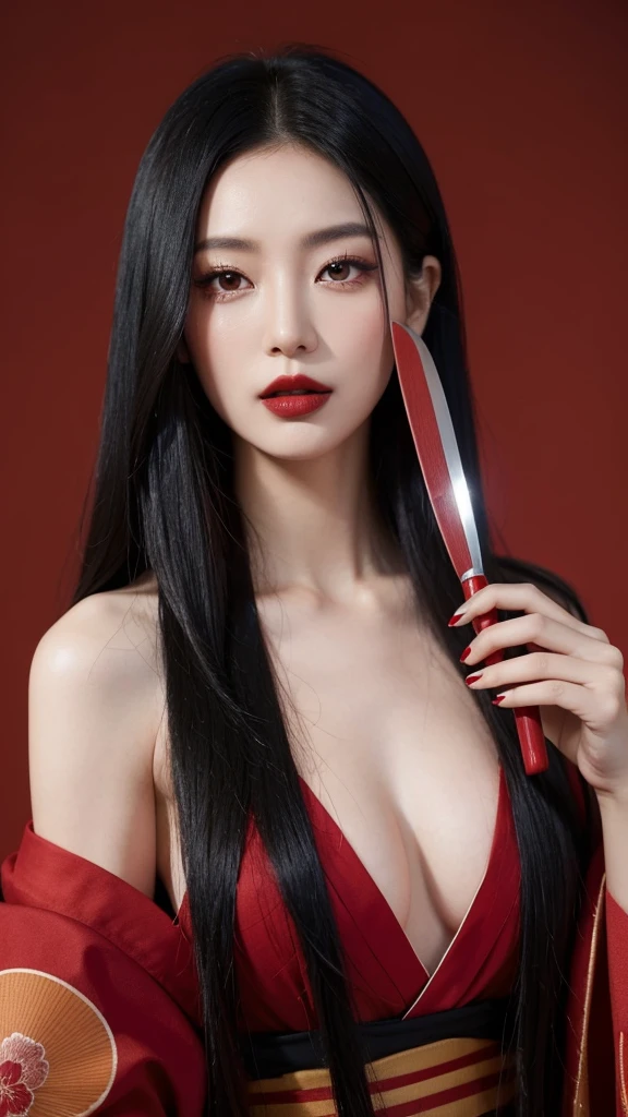 “A beautiful woman with long black hair and fair skin, wearing thin red eyeshadow. She exudes a captivating and alluring atmosphere, with rouge lipstick. She sticks out her tongue and licks a knife held in her hand. She is dressed in a traditional Japanese kimono, which is slightly open at the shoulders. The background is luxurious and magnificent.”