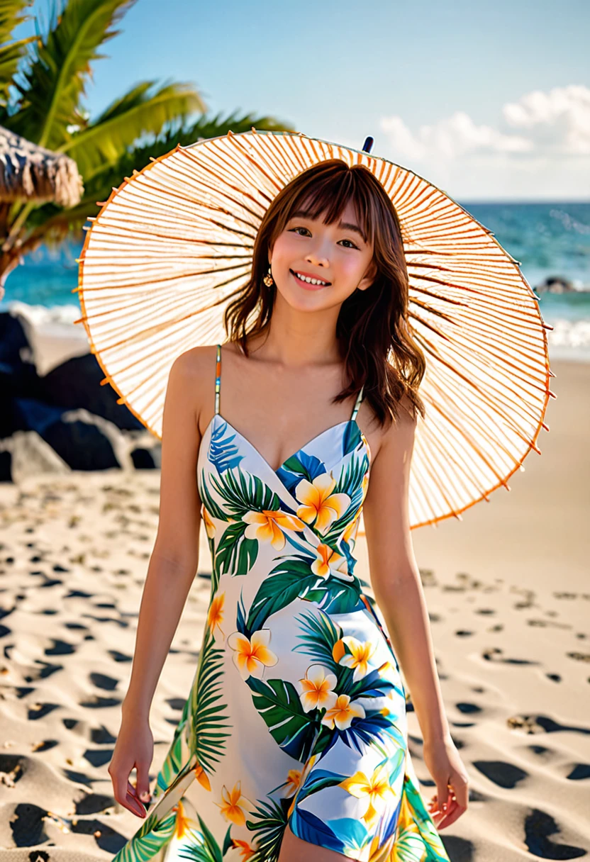 (Highest quality,8K quality,masterpiece:1.3),(Ultra-high resolution,Realistic:1.4,Live Shooting),(Very detailed,Caustics),(Ultra-Realistic Capture,(((Beach Resort))),Beautiful and detailed skin),19 years old,Beautiful Japanese, Medium Hair, Asymmetrical bangs, Brown Hair, I'm looking at the camera with a smile on my face,Soft Light,A ray of light shining from above,Natural light，((Summer Dresses))，(((One person))),Beach parasol,Tropical Drinks