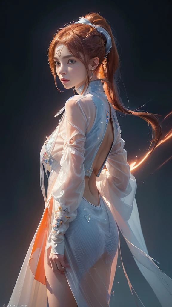 （Front Focus），David Hockney and Alphonse Mucha’s Overtaken Realistic Female Portraits，((overtake))、((upper body))、cosmos、spaceshipirai、(exposed)、((Wearing futuristic clothing))、Fantasyart， ((Orange pink brown hair、ponytail))、((Navy blue and white futuristic clothing))、Wearing futuristic clothing、((japanese 、((Near-future clothing with less fabric))、Realistic，dynamic lighting，art station，posters，Volumetric light，Extra detailed face，4 k''，(())、futuristic clothes beautifully embroidered，diamond、impression，thigh，Decorated with exquisite near-future clothing and fine jewelry，exposed belly，1 breast female，in the dark，deep shadow，low profile，cowboy shooting，（official clothing：1.4），Confused eyes，legs apart