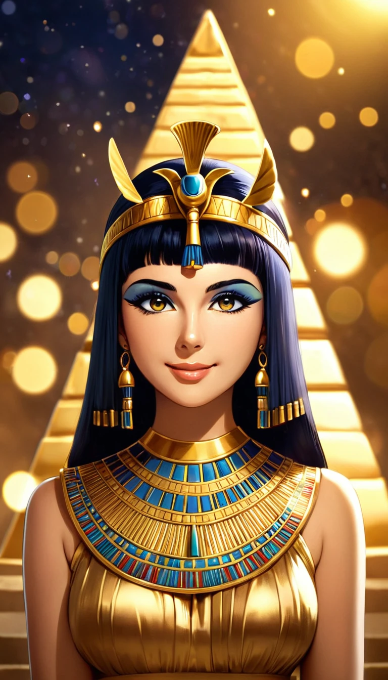 1 Cleopatra, Cleopatra headdress, Cleopatra necklace decoration, gorgeous gold color, Domineering expression, pyramid, night, whole body, bokeh, Looking straight ahead and smiling. Surreal picture quality
