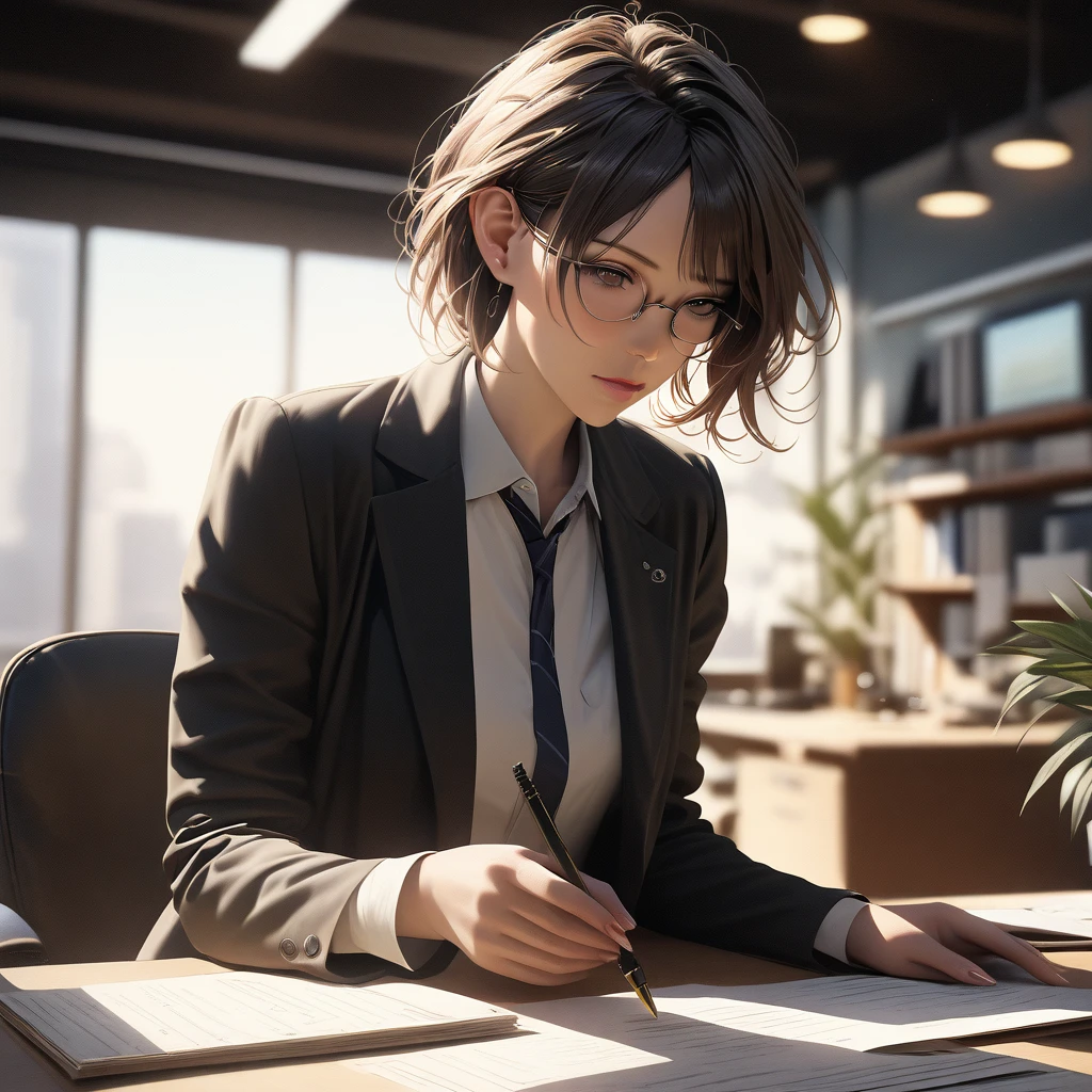 (best quality, 8k, masterpiece, highres, ultra-detailed), photorealistic, Tsukasa Hojo style, woman, tailored suit, heels, sharp haircut, glasses, working in office, professional expression, delicate features, soft shadows, sophisticated look, subtle details, realistic skin, minimalist background, natural lighting.