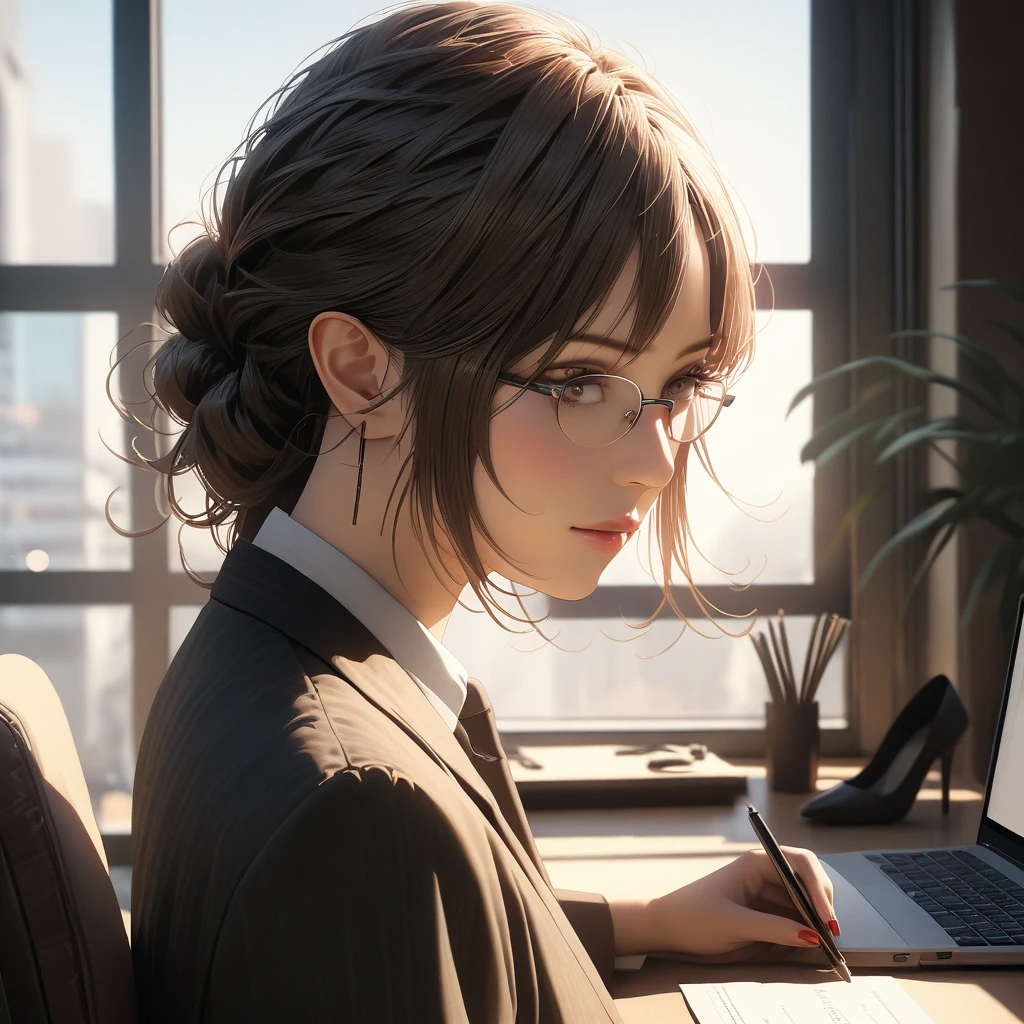 (best quality, 8k, masterpiece, highres, ultra-detailed), photorealistic, Tsukasa Hojo style, woman, tailored suit, heels, sharp haircut, glasses, working in office, professional expression, delicate features, soft shadows, sophisticated look, subtle details, realistic skin, minimalist background, natural lighting.