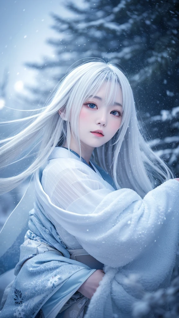 A fantastic and fascinating illustration of Yuki-onna, Characters from Japanese folk tales, Set against the backdrop of a snowstorm and swirling snowy mountains. She has been a long time, Her silver and white hair gleams in the icy environment., Make up for her paleness, Almost white and transparent skin. Her eyes are deep and seductive, Reflecting the cold beauty of her surroundings. She is wearing a traditional Japanese kimono, white with subtle blue patterns.。, Blending into the snowy scenery. The Yuki-onna's pose is elegant and mysterious., Embodying the thrilling charm of the snow spirit. The overall atmosphere of the illustration is mysterious and beautiful., Capturing the essence of this legendary figure in the middle of a snowstorm,