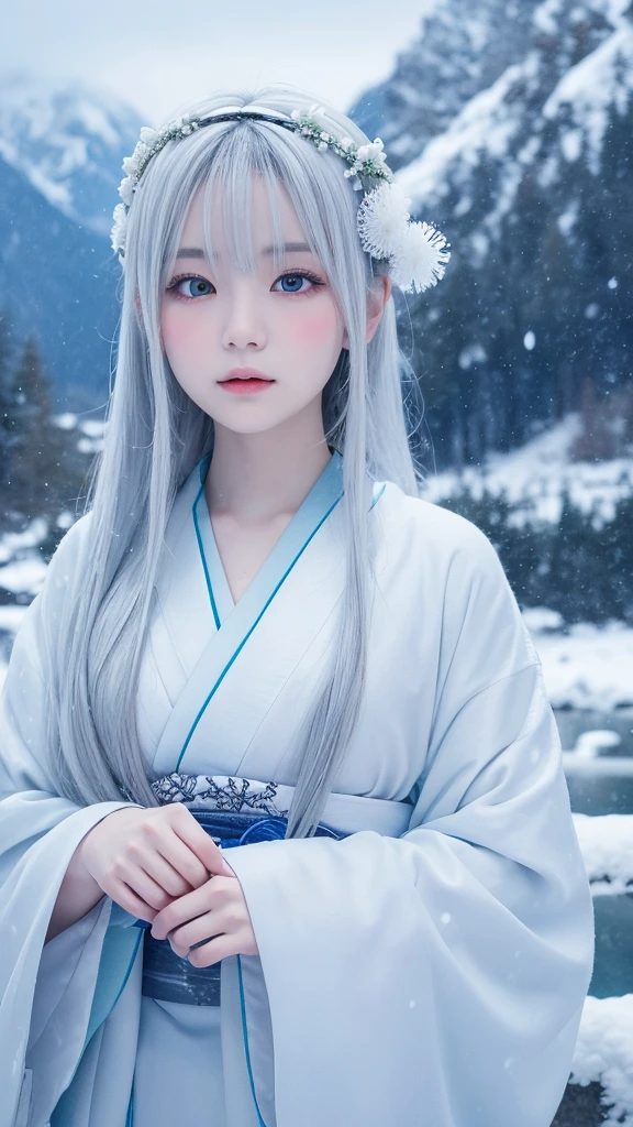 A fantastic and fascinating illustration of Yuki-onna, Characters from Japanese folk tales, Set against the backdrop of a snowstorm and swirling snowy mountains. She has been a long time, Her silver and white hair gleams in the icy environment., Make up for her paleness, Almost white and transparent skin. Her eyes are deep and seductive, Reflecting the cold beauty of her surroundings. She is wearing a traditional Japanese kimono, white with subtle blue patterns.。, Blending into the snowy scenery. The Yuki-onna&#39;s pose is elegant and mysterious., Embodying the thrilling charm of the snow spirit. The overall atmosphere of the illustration is mysterious and beautiful., Capturing the essence of this legendary figure in the middle of a snowstorm,