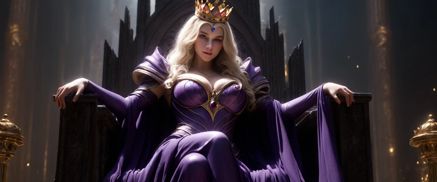 score_9, score_8_up, score_7_up, source_photo, photography, realistic, rating safe, wide shot, cinematic angle, ultra detailed, detailed eyes, absurdity, 1girl, elder queen, sitting on Throne of Power, crown, holding scepter, hands, looking at viewer, (oversized body), large breasts, long hair, blonde hair, wavy hair, multiple boys, they are masked, masterpiece, 8k,