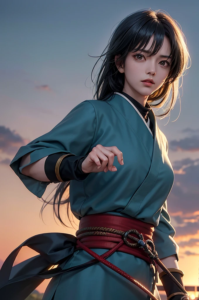 Highest quality, masterpiece, High resolution, alone, （Rurouni Kenshin: Saito Hajime），（Saito ‗Hajime），Shinsengumi，（Glaring Eyes），roar，((Dentitions)) ， (Japanese sword)，Iron Sword，thrust，Evening sky_background，Young Girl，Anime Style, Highest quality, 4K, masterpiece,， alone, 1,whole body，looking at the camera, Shinkai Makoto style, （dark blue_coat）Sharp Eyes，Low posture，（Full Finger）, （Accurate fingertips）, （The finer details）, （Anatomically correct）, (映画のbackground), Hyper Detail, (Subtle details), (Intricate details),