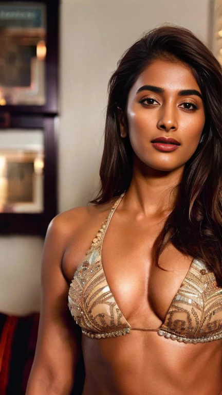 extreme close up photo of semi naked Pooja hegde,slim, bikini, bedroom, (cinematic:1.3), intricate details, (ArtStation:1.2)