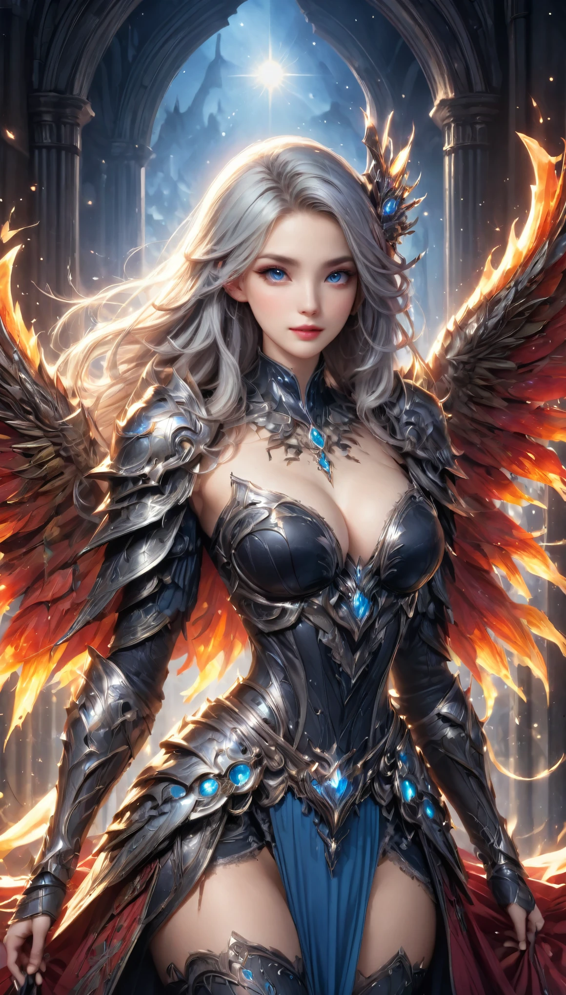 8K resolution, masterpiece, Highest quality, Award-winning works, unrealistic, From above, erotic, sole sexy lady, healthy shaped body, 22 years old, dark knight, 165cm tall, huge firm bouncing busts,, white silver long wavy hair, Detailed facial depictions, Break, Mysterious blue eyes, Standard nose, Eyeliner, pink lips, sexy long legs, Clear skin, knight, A holy sword that emits seven-colored light, Gothic armor, Complex structure of armor, Seven-colored colorful armor, Clothed in flames, Phoenix Crest, elegant, Very detailed, Delicate depiction of hair, miniature painting, Digital Painting, artステーション, コンセプトart, Smooth, Sharp focus, shape, artジャム、Greg Rutkowski、Alphonse Mucha、William Adolphe Bouguereau、art：Stephanie Law , Royal Jewel, nature, Symmetric, Greg Rutkowski, Charlie Bowwater, Unreal, Surreal, Dynamic Lighting, ファンタジーart, Complex colors, Colorful magic circle, flash, dynamic sexy poses, A kind smile, Mysterious Background, Aura, A gentle gaze, BREAK, Small faint lights and flying fireflies, night, lanthanum, 山の頂From above下界を見下ろす, Starry Sky, milky way, nebula, shooting star,, (Back view, Looking back towards the camera:1.3),