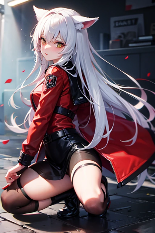 Wolf Girl,Put on a leather jacket,The red jacket is not closed,Wolf logo on jacket,Slit eyes,cool,whole body,What you wear doesn&#39;t stick to your skin