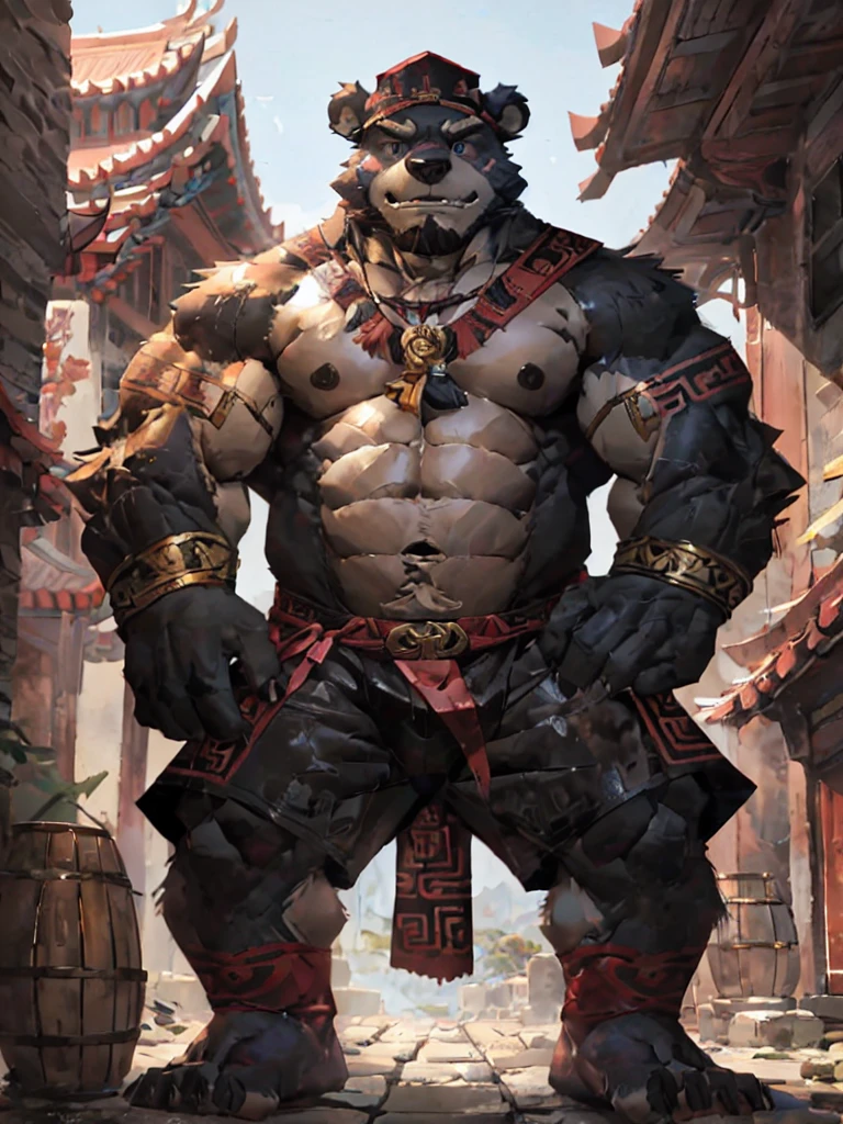 furry character，A very tall anf strong bear，He was bare-chested and wearing a pair of cloth shorts，he is a chinese bandit，middle age，The Bandit Stockade，ancient style，(perfect eyes:1.5)，by lindong