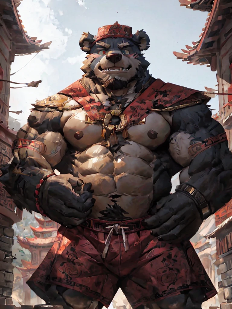 furry character,A very tall anf strong bear,He was bare-chested and wearing a pair of cloth shorts,he is a chinese bandit,middle age,The Bandit Stockade,ancient style,(perfect eyes:1.5),by lindong