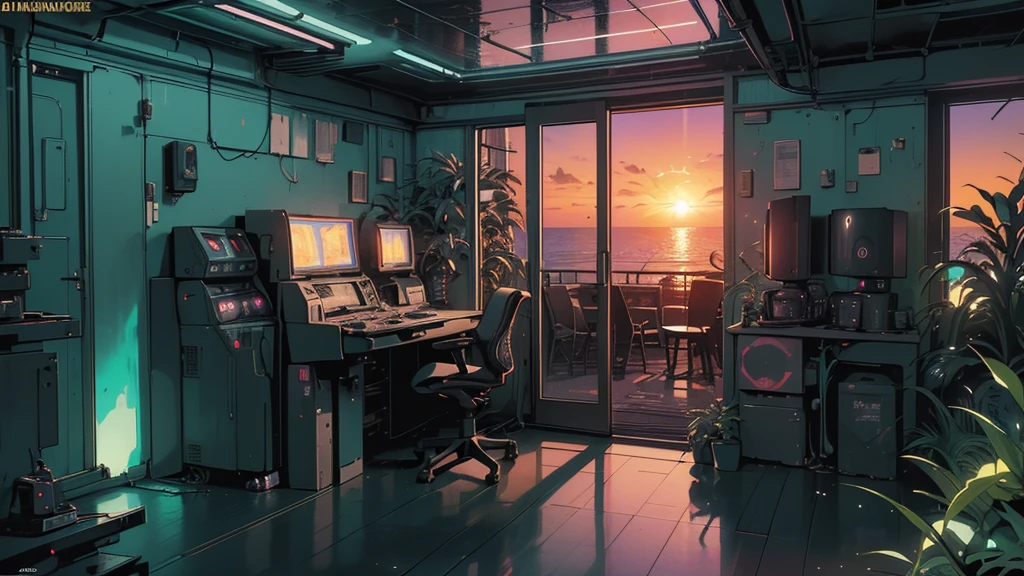 cyberpunk style cluttered room,  many machines of unknown use,very wide white background, extreme quality, masterpiece, 8k, depth of field, intricate details, (((unattended))), very large margins, lots of text, corporate logo, space, movie poster, (((many machines of unknown use, building with sea view))), (((all covered with plants)))), nostalgia, (((sunset))),long shot, backlight, (((dull color))), (((black color))),broken door, (((Night))), (((future interior)))(best quality, 4k, highres, masterpiece:1.2), ultra-detailed, realistic:1.37, cyberpunk style cluttered room, more neon, many machines of unknown use, large windows with a sense of openness, sunny outside,