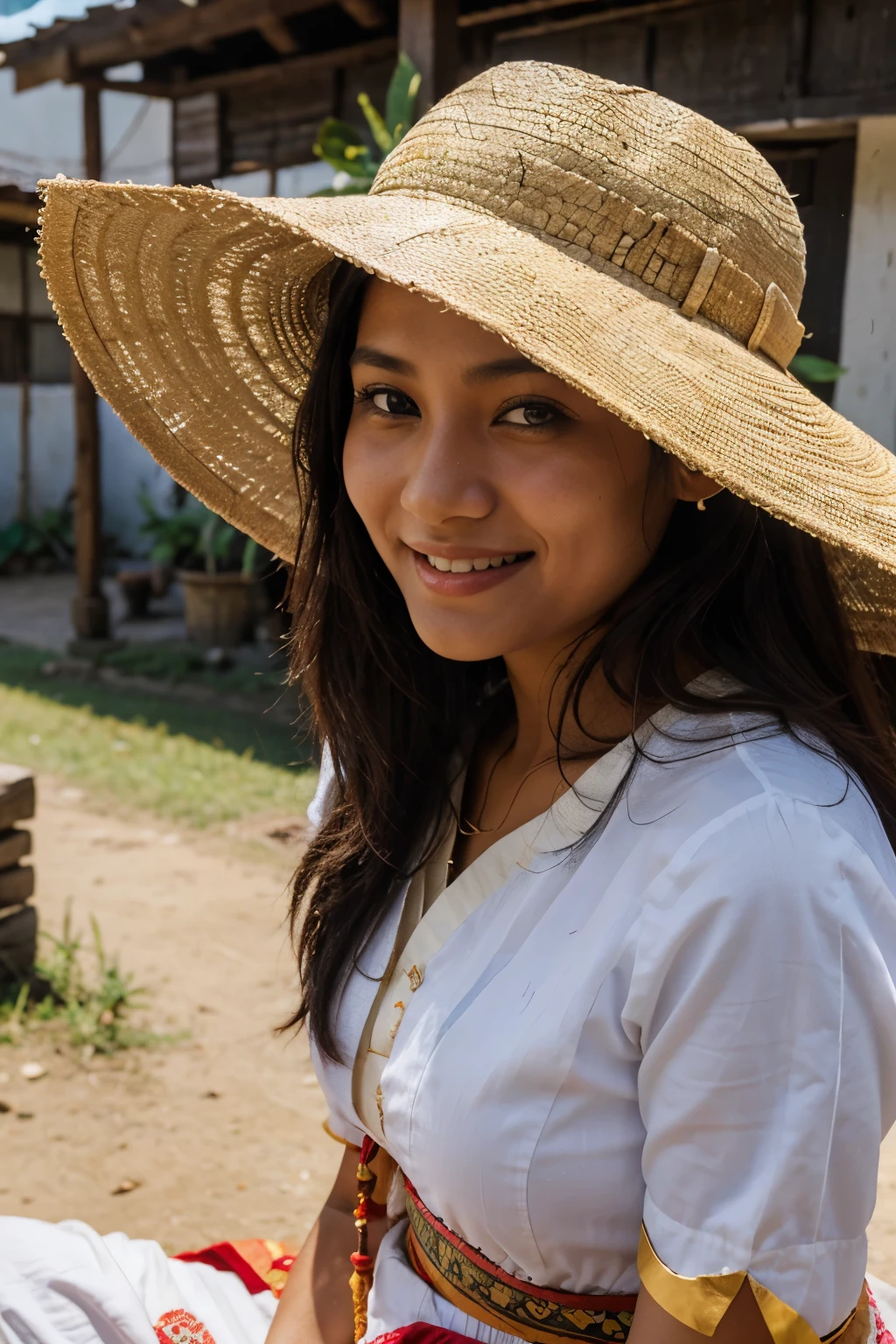 50mm amateur photo posted to , average looking nepali woman with sunhat, smiling, wearing traditional clothes