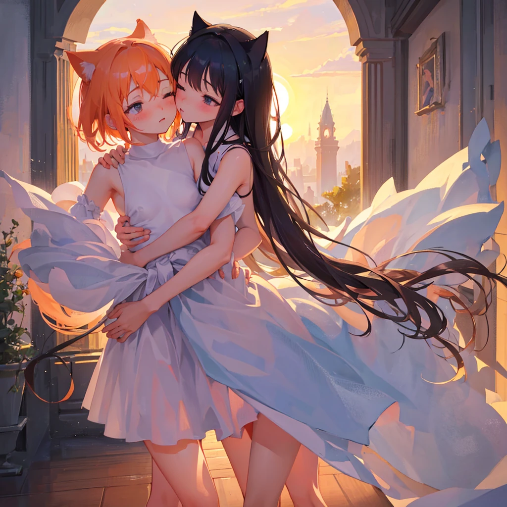 (finely best quality illustration:1.2), (kawaii girl:1.1), (1girl, solo:1), (cat :1.2), (2 girls, 8 years old, loli, , little, kawaii, cute, small breasts, ultra detailed eyes:1.2), (yuri, kissing, hugging from behind, grabbing, half-closed eyes, eye contact:1.3), (sweat, embressed, blush:1.1), BREAK coat BREAK in the river BREAK (dusk, twilight, orange sun light:1.2), BREAK (best quality, ultra detailed, extremely detailed and beautiful, ultra high res, detailed arms:1.2), nsfw