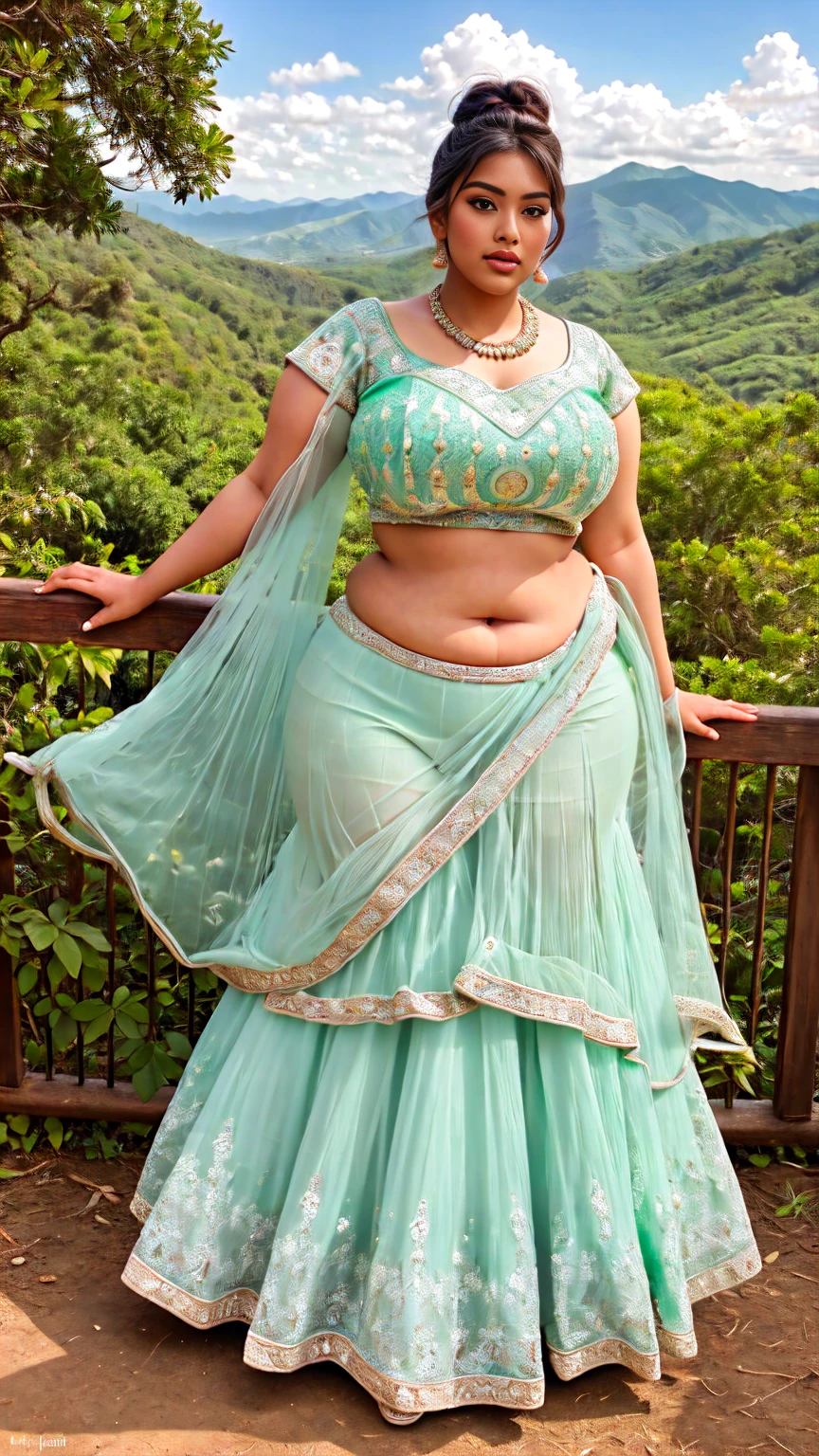 Indian beautiful woman sexy curvy plus size model wearing mint green color designing Lehenga Choli facing to camera in standing in the Sierra Madre Occidental landscape,head to thighs view, curvy plus size figure,big m-cup breasts ,wearing Indian Lehenga Choli, side bun hairstyle, bright eyes, thin eyebrows, fair skin, blushing cheeks, prefect ,head to thighs view, head to thigh view, Sierra Madre Occidental landscape background, bright sunlight