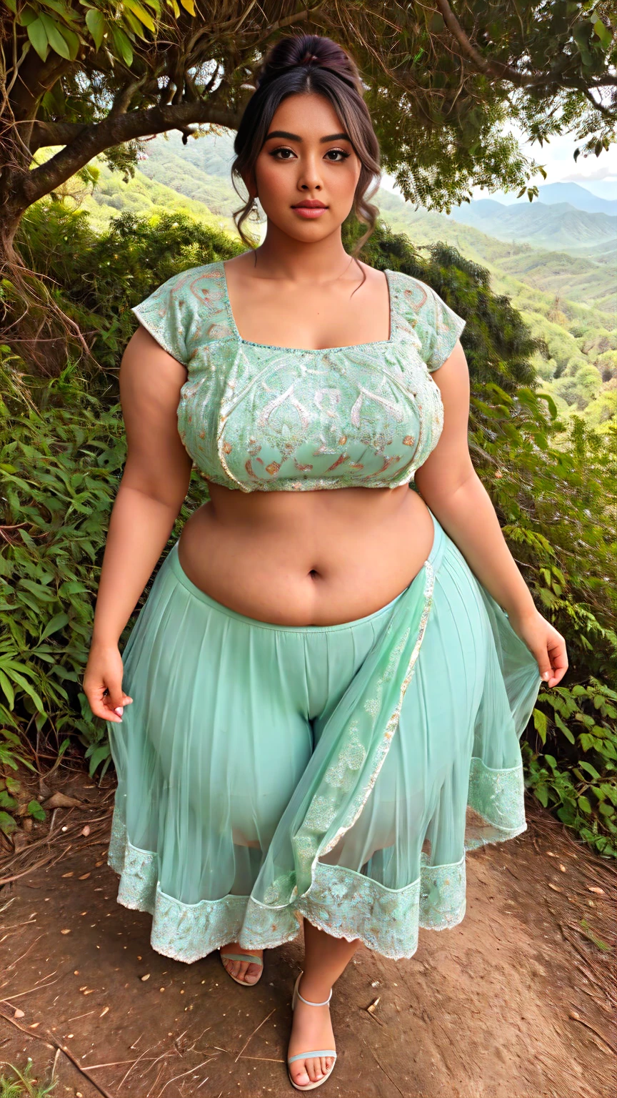 Indian beautiful woman sexy curvy plus size model wearing mint green color designing Lehenga Choli facing to camera in standing in the Sierra Madre Occidental landscape,head to thighs view, curvy plus size figure,big m-cup breasts ,wearing Indian Lehenga Choli, side bun hairstyle, bright eyes, thin eyebrows, fair skin, blushing cheeks, prefect ,head to thighs view, head to thigh view, Sierra Madre Occidental landscape background, bright sunlight