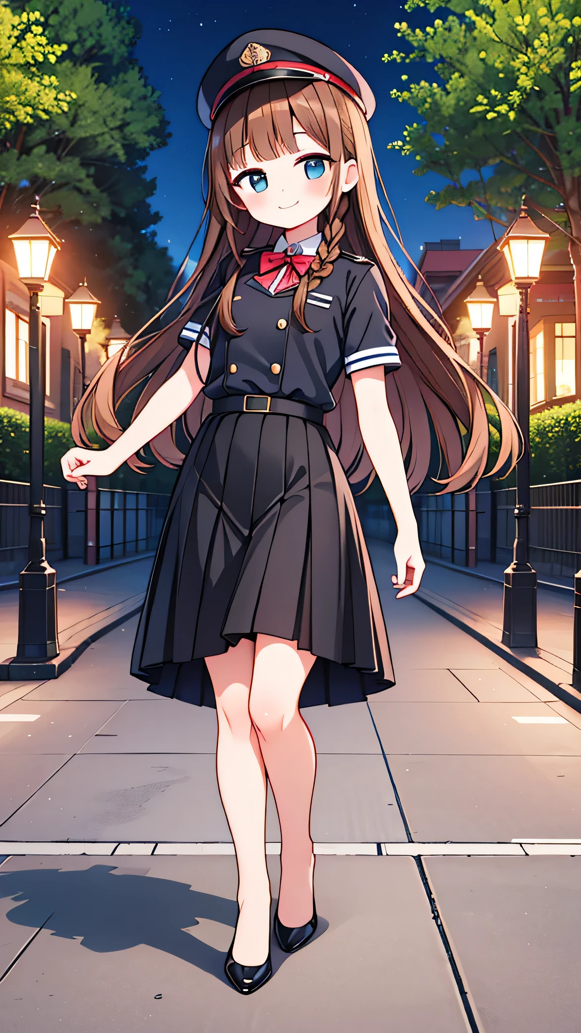 {Highest quality], [Super beautiful], [Ultra fine], [Best illustration], NSFW,Brown Hair, Hime cut,Braid, Long Hair, With bangs, girl, Uniform cap,Security uniform, smile, blush, Slender women,Short sleeve,Long straight skirt, Adult women,Strike a Pose,(Public）Night Park, diagonal,Bare feet and pumps, Plain black pumps