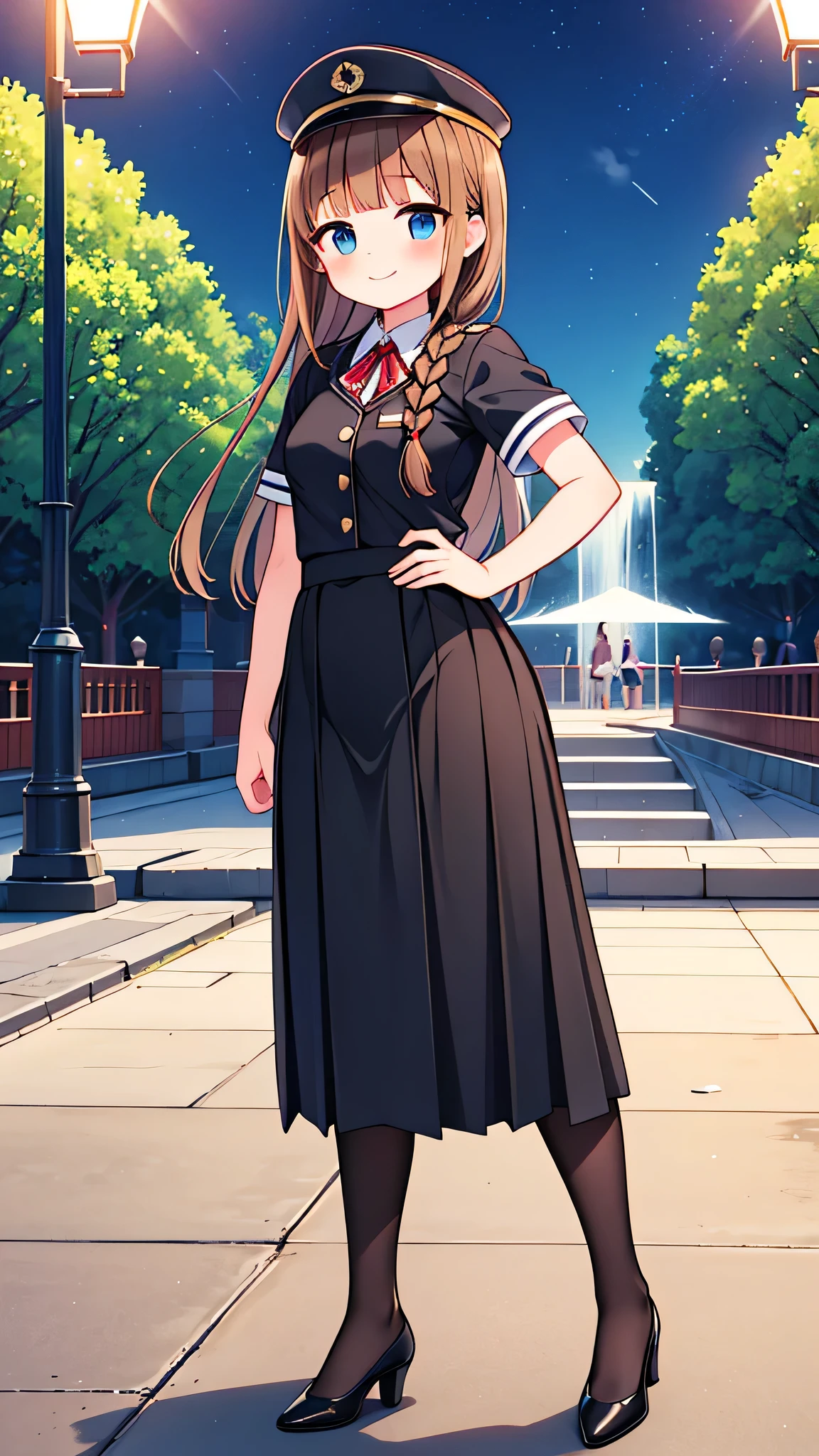 {Highest quality], [Super beautiful], [Ultra fine], [Best illustration], NSFW,Brown Hair, Hime cut,Braid, Long Hair, With bangs, girl, Uniform cap,Security uniform, smile, blush, Slender women,Short sleeve,Long straight skirt, Adult women,Strike a Pose,(Public）Night Park, diagonal,Bare feet and pumps, Plain black pumps
