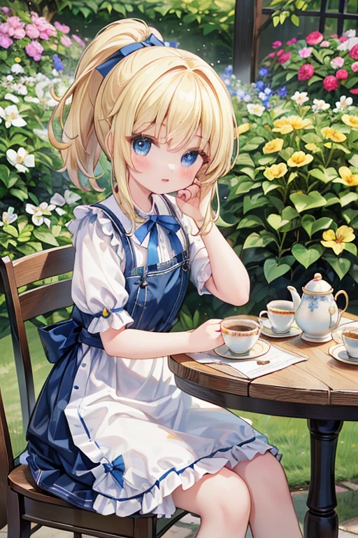 (8K, Highest quality, tableトップ:1.2)、Ultra-high resolution、14-year-old girl, Perfect Fingers, Detailed face, blue eyes, blonde, ponytail, Blue Apron Dress, garden, flower bed, (table:1.5), tea , Tea cup, cake, Sit on a chair