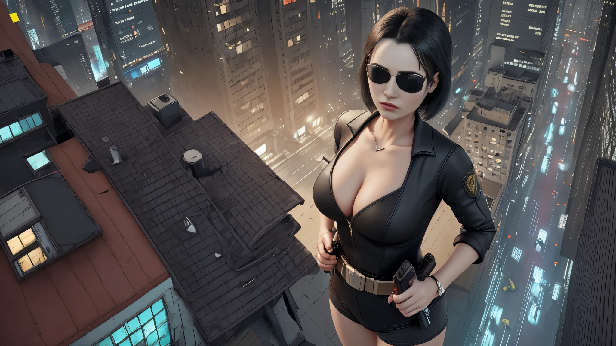 (((at night))), FPS gaming screen view, (((aerial view))) of cyberpunk city, unreal engine 5 rendering, (((1Girl, solo))), large breasts, Chest exposed, breast cleavage, wide open ass, slim waist, dynamic seductive pose, ((​masterpiece:1.2)), top-quality, official art, detailed CG Unity 8K Wallpapers, artbook, Expressive Hues, Vibrant Palette, B deficiency and white clothes, (((matrix style black micro sunglasses))), (((aiming with a short gun))), (((looking at camera))), (((very low view))).