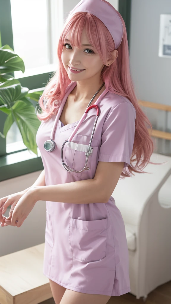 Show me the cleavage, (photo Practical:1.4), (hyper Practical:1.4), (Practical:1.3), (Smoother lighting:1.05), (Improving the quality of film lighting:0.9)、Natural light、Professional photos, Practical portrait,(1 female), pink hair, Medium Length Hair, Beautiful face and eyes, very cute face, Smile, vitality, vitality, (Real short nurse uniform:1.2), light pink, White, (Chest Nurse:1.4), (Ward), stethoscope, White Wallpaper, Sexy girl portrait, (view from below:1.2)
, One Girl, hoshino (Blue Archive), alone, Heterochromia of the iris, Long Hair, Ahoge, hello, valley, Big Breasts,Show Viewer, ID card, Open your mouth, very Long Hair, smile, bangs, blush, Hair between the eyes, High resolution,masterpiece, Highest quality,Adjust the proportions of your fingers
