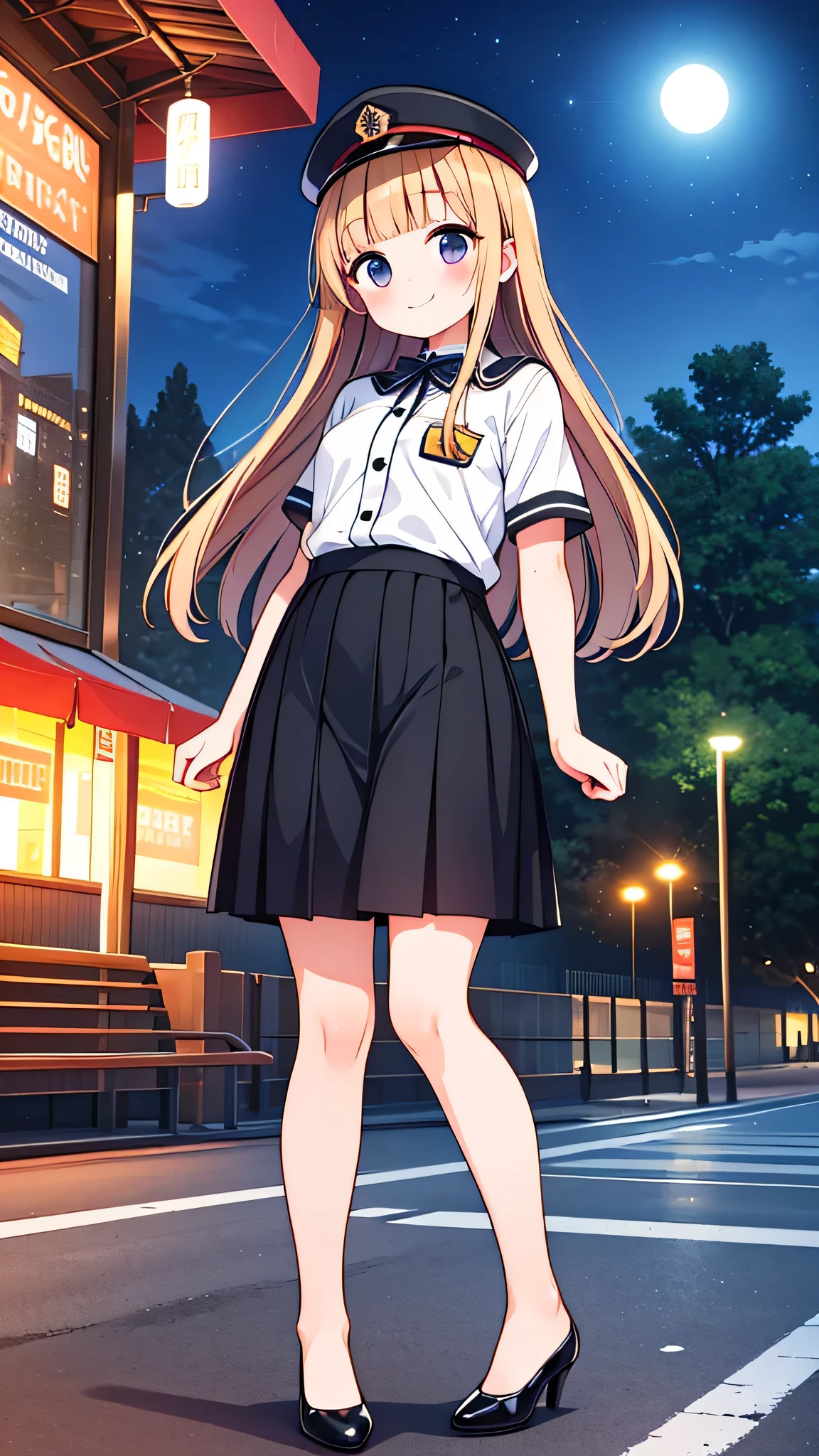 {Highest quality], [Super beautiful], [Ultra fine], [Best illustration], NSFW,Brown Hair, Hime cut,Long Hair, With bangs, girl, Uniform cap,Security uniform, smile, blush, Slender women,Short sleeve,Long straight skirt, Adult women,Strike a Pose,(Public）Night Park, diagonal,Bare feet and pumps, Plain black pumps