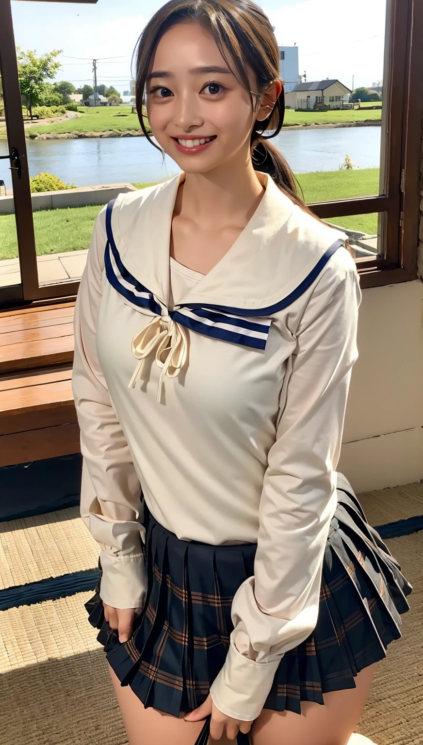 (((upper body shot))),Ultra-high resolution,big eyes,(brown eyes),Japanese,(forehead),(a girl),(1 girl),((************)),(cute),pretty,((facing at viewer)),grin,(((white school sailor shirt))),pleated skirt,(sitting),(thick thighs)