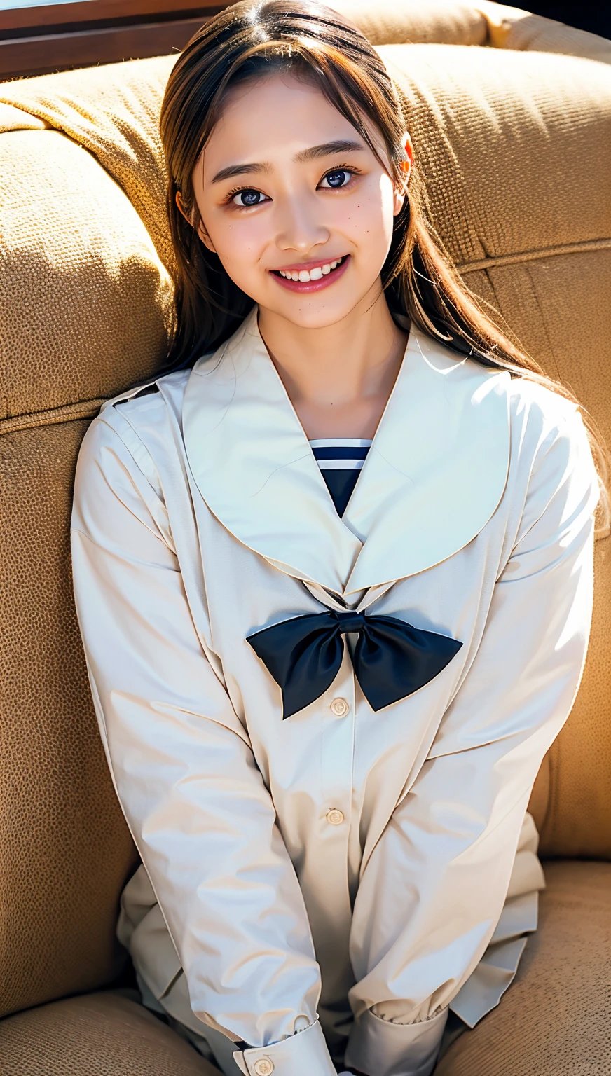(((upper body shot))),Ultra-high resolution,big eyes,(brown eyes),Japanese,(forehead),(a girl),(1 girl),(()),(cute),pretty,((facing at viewer)),grin,(((white school sailor shirt))),pleated skirt,(sitting),(thick thighs)