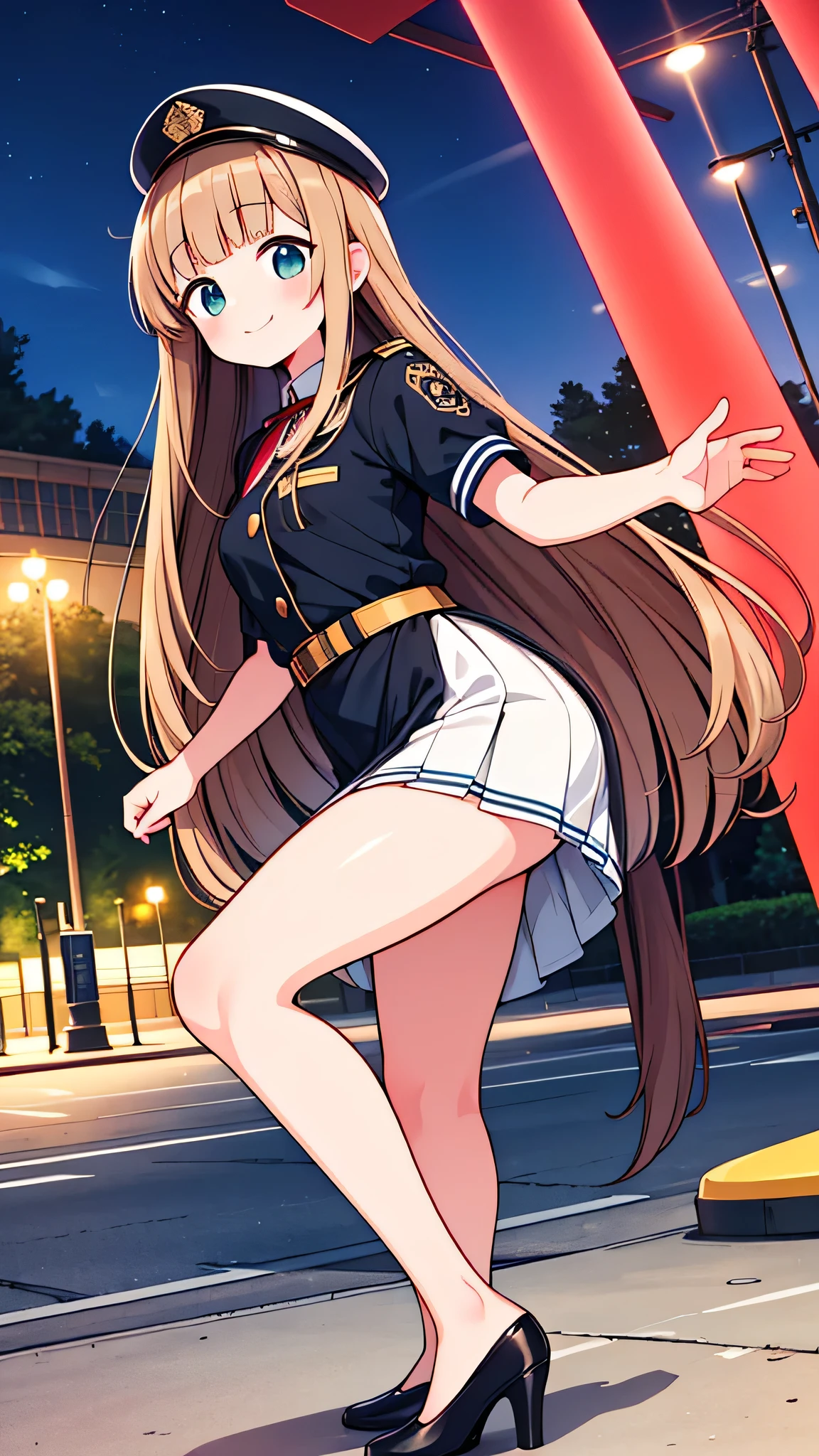 {Highest quality], [Super beautiful], [Ultra fine], [Best illustration], NSFW,Brown Hair, Hime cut,Long Hair, With bangs, girl, Uniform cap,Security uniform, smile, blush, Slender women,Short sleeve,Long straight skirt, Adult women,Strike a Pose,(Public）Night Park, diagonal,Bare feet and pumps, Plain black pumps